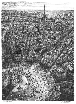 Stephen Wiltshire’s drawing of Paris’ city center, featuring the Eiffel Tower and the Arc de Triomphe.