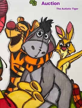 Tiger Villec’s vibrant drawing of Winnie the Pooh, Tigger, Eeyore, and Rabbit.