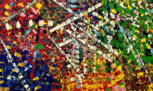 Niam Jain’s “Fall Colors,” a colorful abstract made up of varying brush strokes.