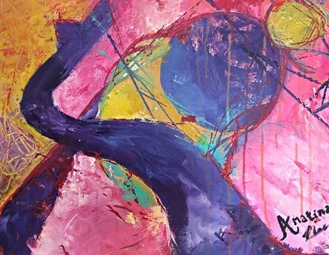 “Elephant Party” by Mahlia Amatina, featuring an elephant’s trunk surrounded by balloons.