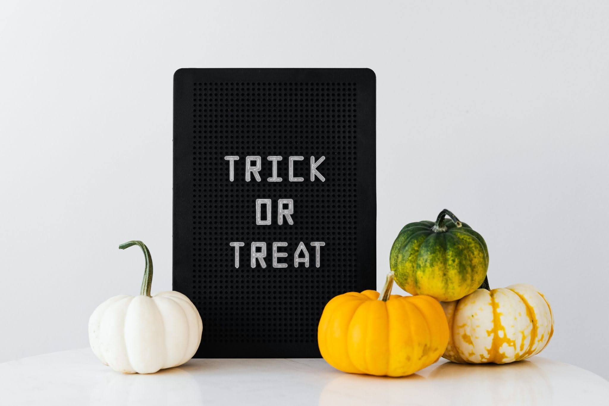 Four pumpkins of varying shades of orange sit beside a “TRICK OR TREAT” sign
