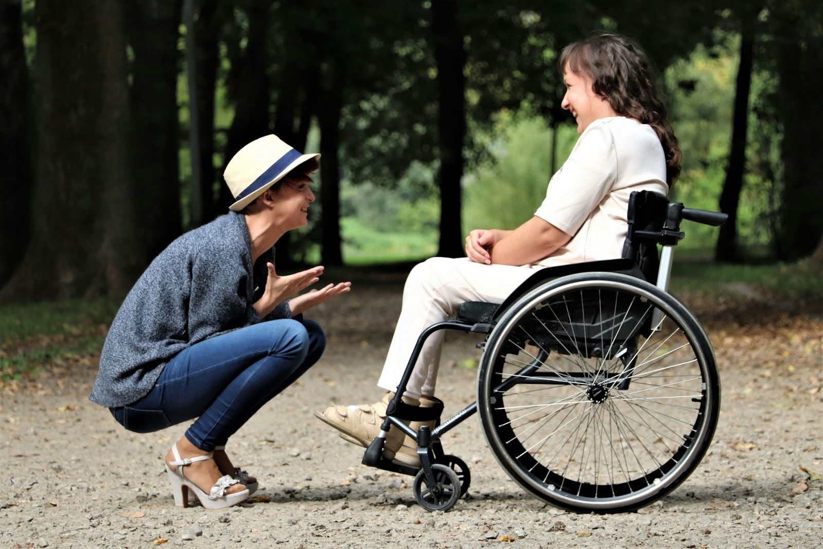 Two people, one in a wheelchair, speak to each other about disability pride month