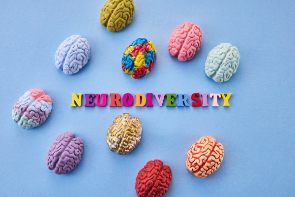 A design of a series of brains that are different colors around the word neurodiversity